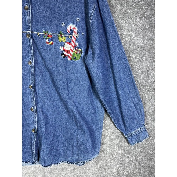 Vintage Nut Cracker Blue Denim Button Up Shirt Womens‎ XL Christmas Embroidery - Picture 7 of 14